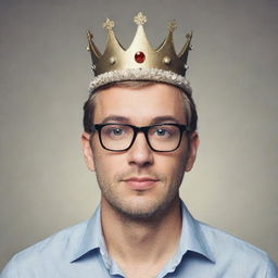 A random individual with glasses, symbolizing intellect, clad in casual attire, adorned with a simple but elegant crown.