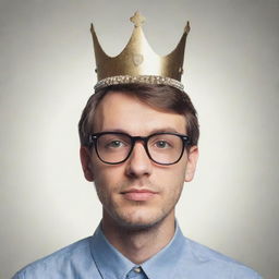 A random individual with glasses, symbolizing intellect, clad in casual attire, adorned with a simple but elegant crown.