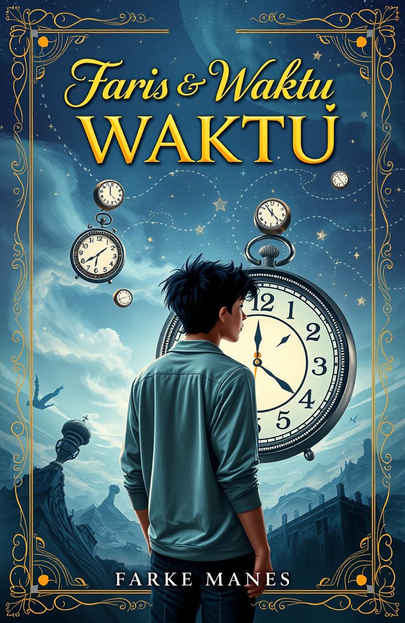 A captivating book cover design for a novel titled 'Faris & Waktu'