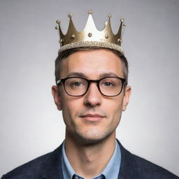 A random individual with glasses, symbolizing intellect, clad in casual attire, adorned with a simple but elegant crown.