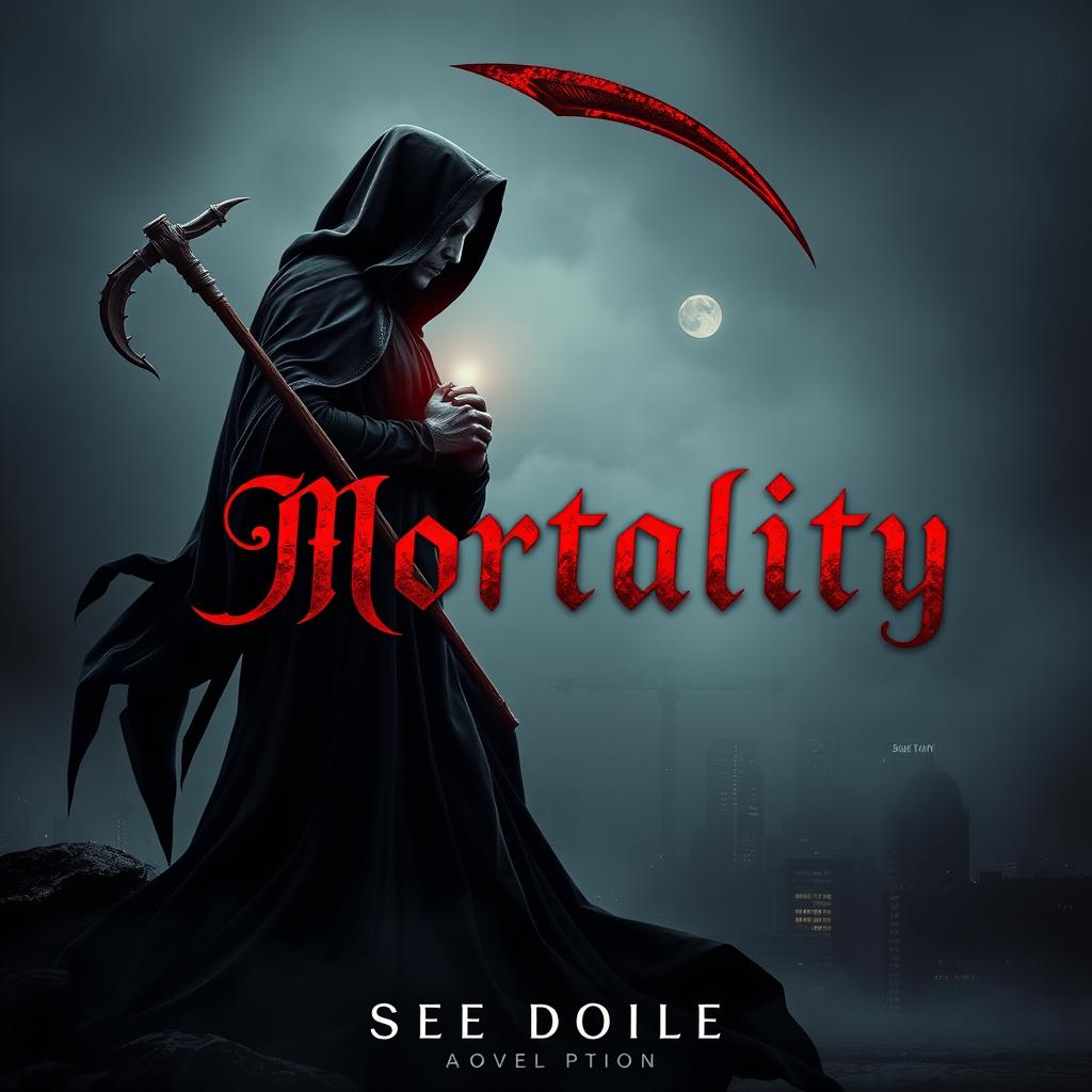 A hauntingly beautiful book cover design for a horror and romance novel titled 'Mortality'