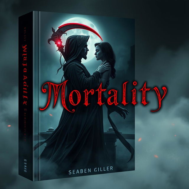 A hauntingly beautiful book cover design for a horror and romance novel titled 'Mortality'