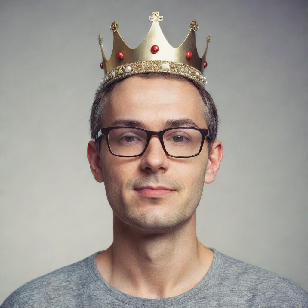 A random individual with glasses, symbolizing intellect, clad in casual attire, adorned with a simple but elegant crown.