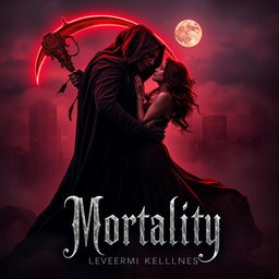 A hauntingly beautiful book cover design for a horror and romance novel titled 'Mortality'