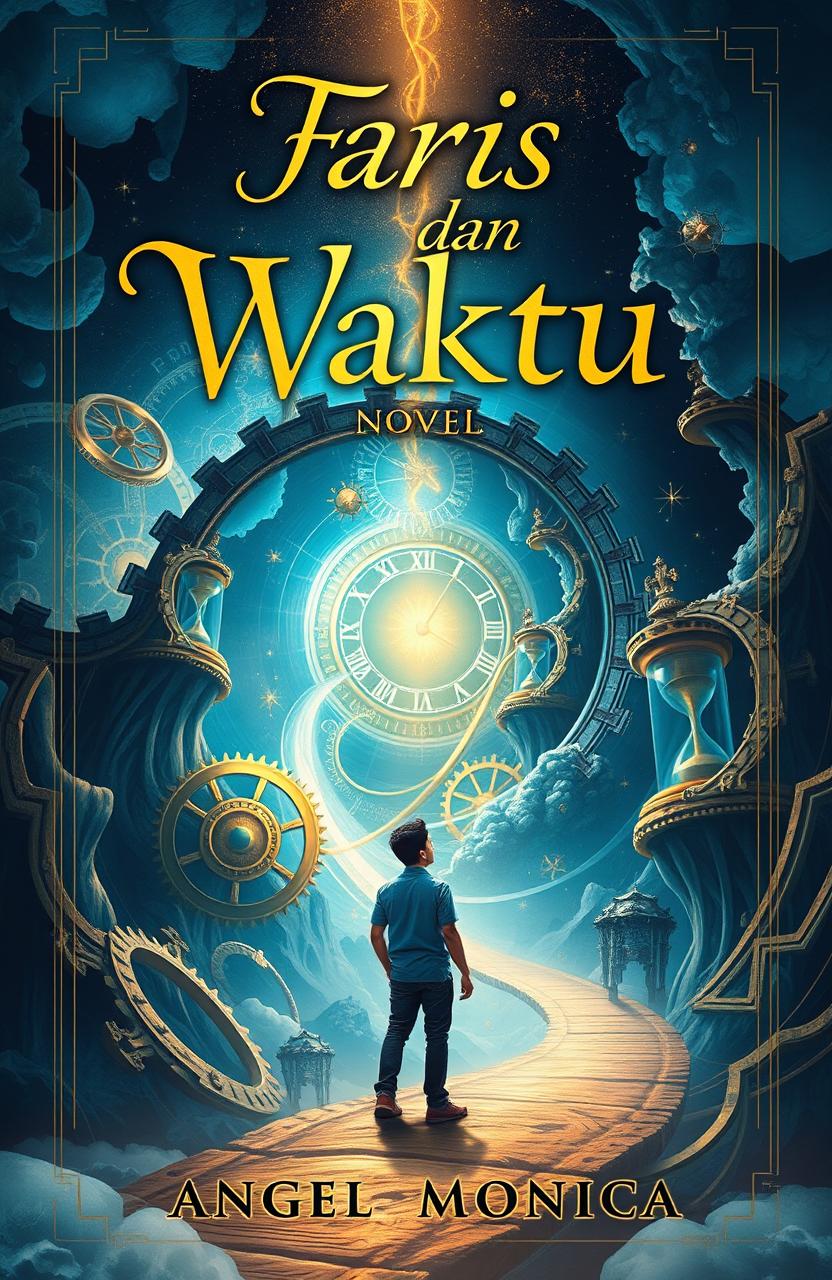 An intriguing book cover design for a novel titled "Faris dan Waktu" by Angel Monica