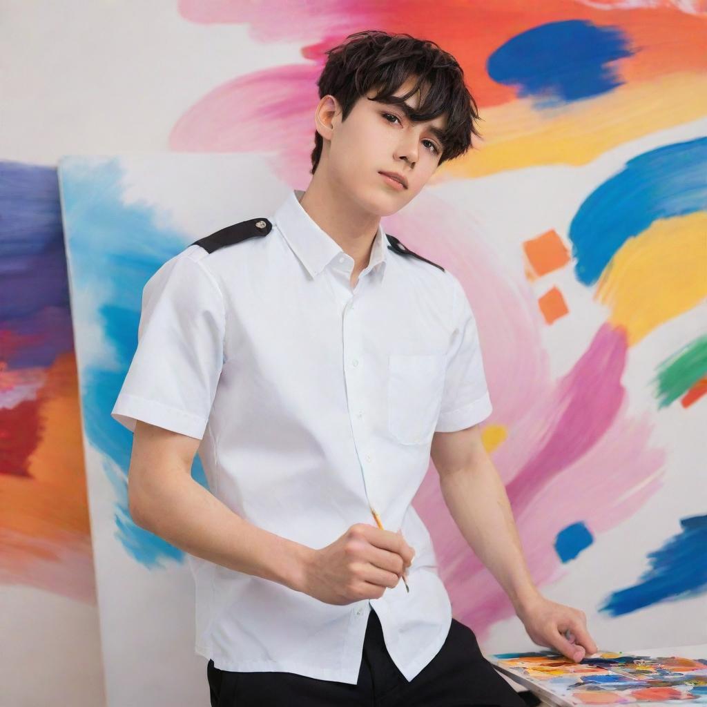 Anime-style boy in a crisp white uniform and black pants, confidently painting a colorful artwork on a canvas with a vibrant background.