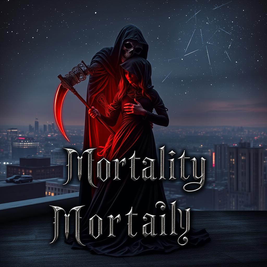 A captivating book cover design for a horror and romance novel titled 'Mortality'