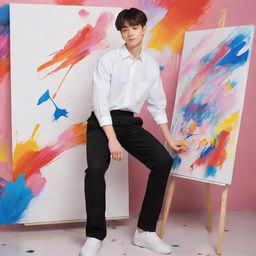 Anime-style boy in a crisp white uniform and black pants, confidently painting a colorful artwork on a canvas with a vibrant background.