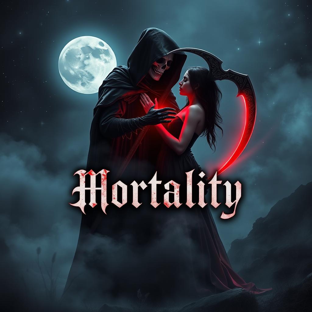 A captivating book cover design for a horror and romance novel titled 'Mortality'