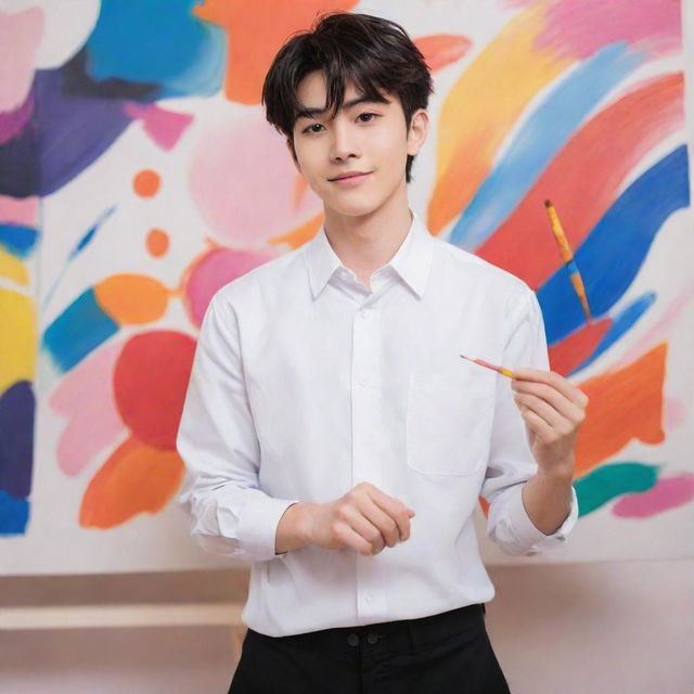 Anime-style boy in a crisp white uniform and black pants, confidently painting a colorful artwork on a canvas with a vibrant background.