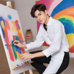 Anime-style boy in a crisp white uniform and black pants, confidently painting a colorful artwork on a canvas with a vibrant background.