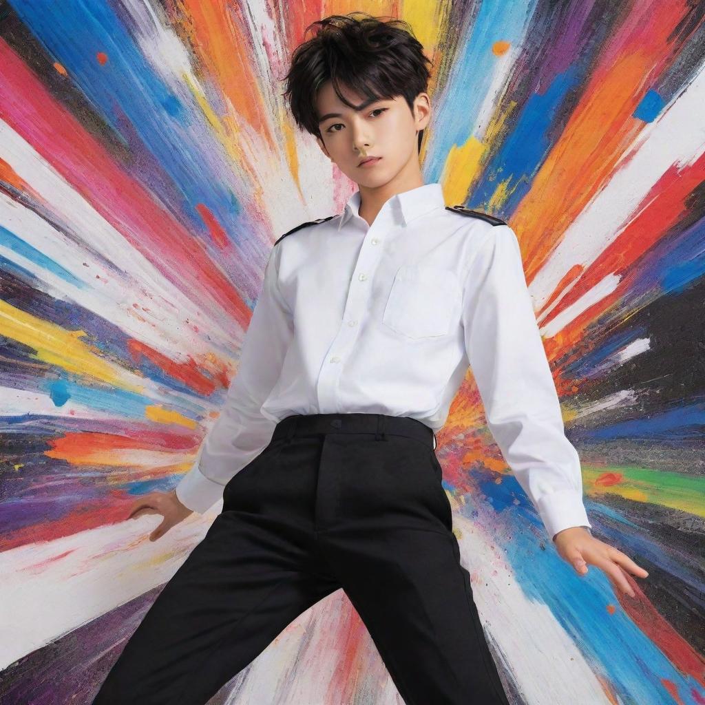 Anime-style boy in a white uniform and black pants, with exaggerated, vibrant anime effects, confidently creating a colorful artwork on a canvas with a dynamic, colorful backdrop.