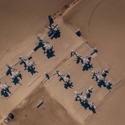 An aerial view of a large and secure SWAT premises, with five Apache military helicopters neatly parked in an organized pattern.