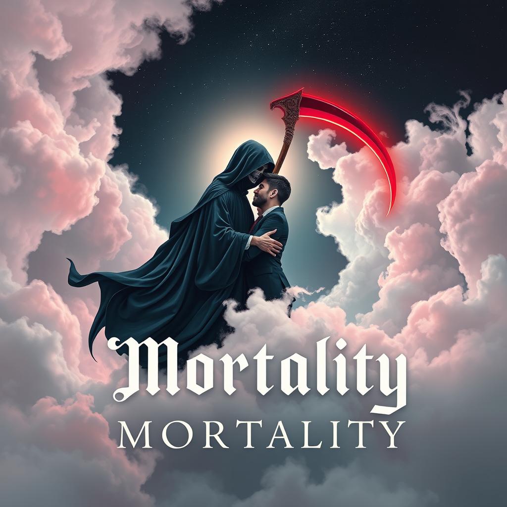 A mesmerizing book cover design for a horror and romance novel titled 'Mortality'