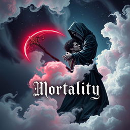 A mesmerizing book cover design for a horror and romance novel titled 'Mortality'