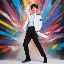 Anime-style boy in a white uniform and black pants, with exaggerated, vibrant anime effects, confidently creating a colorful artwork on a canvas with a dynamic, colorful backdrop.