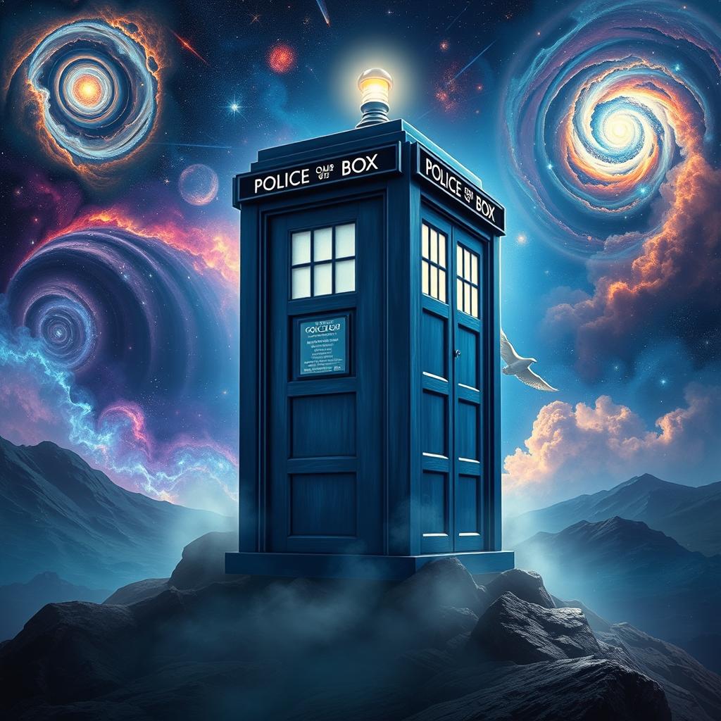 A detailed and vibrant depiction of the TARDIS from Doctor Who, standing majestically in an otherworldly landscape filled with swirling galaxies and colorful nebulae