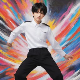 Anime-style boy in a white uniform and black pants, with exaggerated, vibrant anime effects, confidently creating a colorful artwork on a canvas with a dynamic, colorful backdrop.