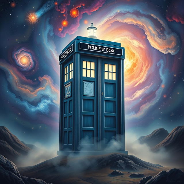 A detailed and vibrant depiction of the TARDIS from Doctor Who, standing majestically in an otherworldly landscape filled with swirling galaxies and colorful nebulae