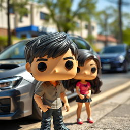 A Funko Pop figure of a 20-year-old male with short dark hair, standing next to a female character who is Chinese with long hair