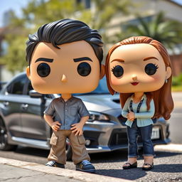 A Funko Pop figure of a 20-year-old male with short dark hair, standing next to a female character who is Chinese with long hair