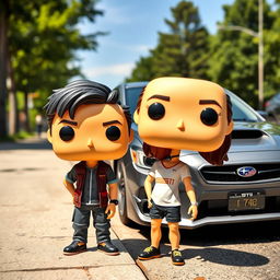 A Funko Pop figure of a 20-year-old male with short dark hair, standing next to a female character who is Chinese with long hair