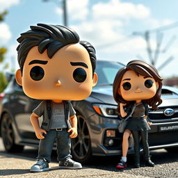 A Funko Pop figure of a 20-year-old male with short dark hair, standing next to a female character who is Chinese with long hair