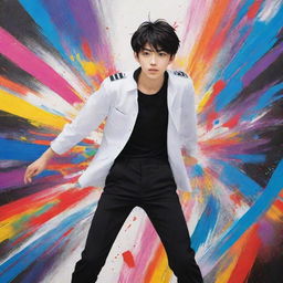 Anime-style boy in a white uniform and black pants, with exaggerated, vibrant anime effects, confidently creating a colorful artwork on a canvas with a dynamic, colorful backdrop.