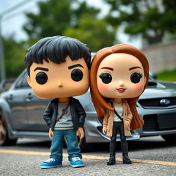 A Funko Pop figure of a 20-year-old male with short dark hair, standing next to a female character who is Chinese with long hair