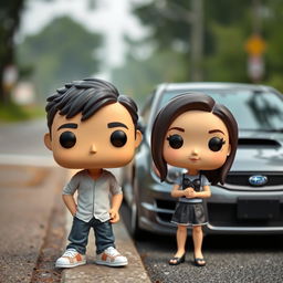 A Funko Pop figure of a 20-year-old male with short dark hair, standing next to a female character who is Chinese with long hair