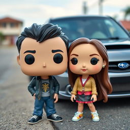 A Funko Pop figure of a 20-year-old male with short dark hair, standing next to a female character who is Chinese with long hair