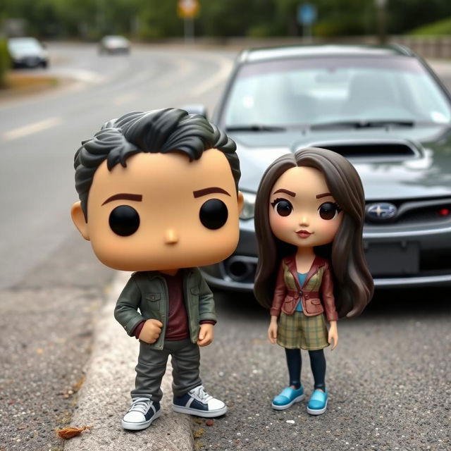 A Funko Pop figure of a 20-year-old male with short dark hair, standing next to a female character who is Chinese with long hair