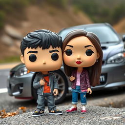 A Funko Pop figure of a 20-year-old male with short dark hair, alongside a female character who is Chinese with long hair