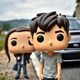 A Funko Pop figure of a 20-year-old male with short dark hair, alongside a female character who is Chinese with long hair