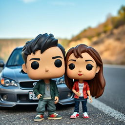 A Funko Pop figure of a 20-year-old male with short dark hair, alongside a female character who is Chinese with long hair