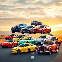 A dynamic scene showcasing 10 different cars, each representing a unique style and color