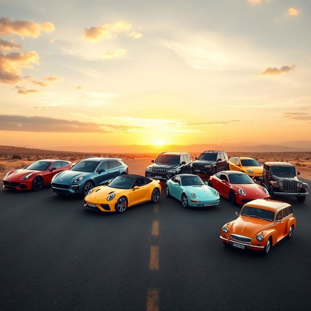 A dynamic scene showcasing 10 different cars, each representing a unique style and color