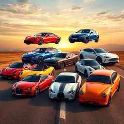 A dynamic scene showcasing 10 different cars, each representing a unique style and color