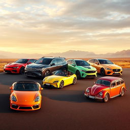 A dynamic scene showcasing 10 different cars, each representing a unique style and color