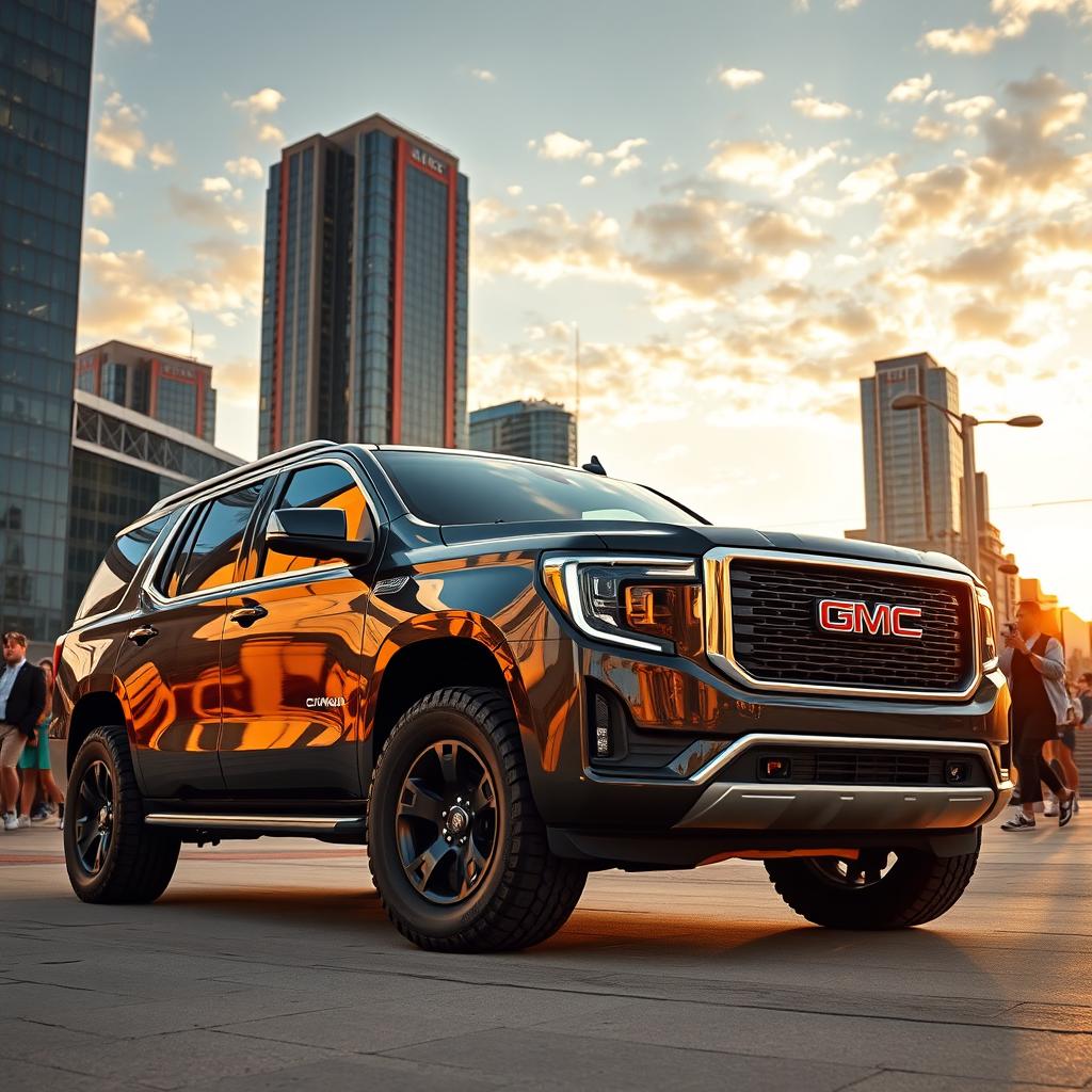 A 2025 GMC Yukon parked in an urban setting, showcasing its sleek and modern design