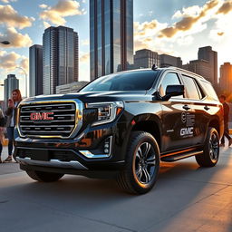 A 2025 GMC Yukon parked in an urban setting, showcasing its sleek and modern design