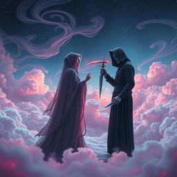 A romantic fantasy scene depicting a serial killer in love with a grim reaper, juxtaposed with elements of love and danger