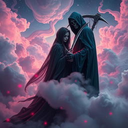 A romantic fantasy scene depicting a serial killer in love with a grim reaper, juxtaposed with elements of love and danger