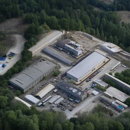 An aerial view of a strategically located SWAT premises, featuring various buildings, training facilities, vehicle depots, and surrounded by high security measures.