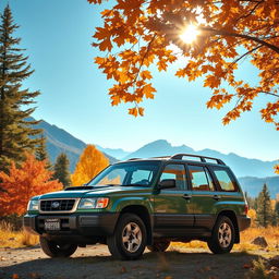 A vintage 1999 Subaru Forester parked in a picturesque mountain landscape during autumn