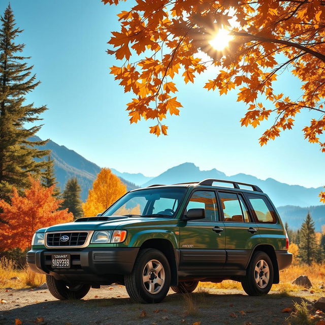 A vintage 1999 Subaru Forester parked in a picturesque mountain landscape during autumn