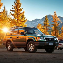 A vintage 1999 Subaru Forester parked in a picturesque mountain landscape during autumn