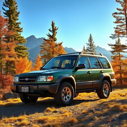 A vintage 1999 Subaru Forester parked in a picturesque mountain landscape during autumn