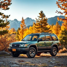 A vintage 1999 Subaru Forester parked in a picturesque mountain landscape during autumn