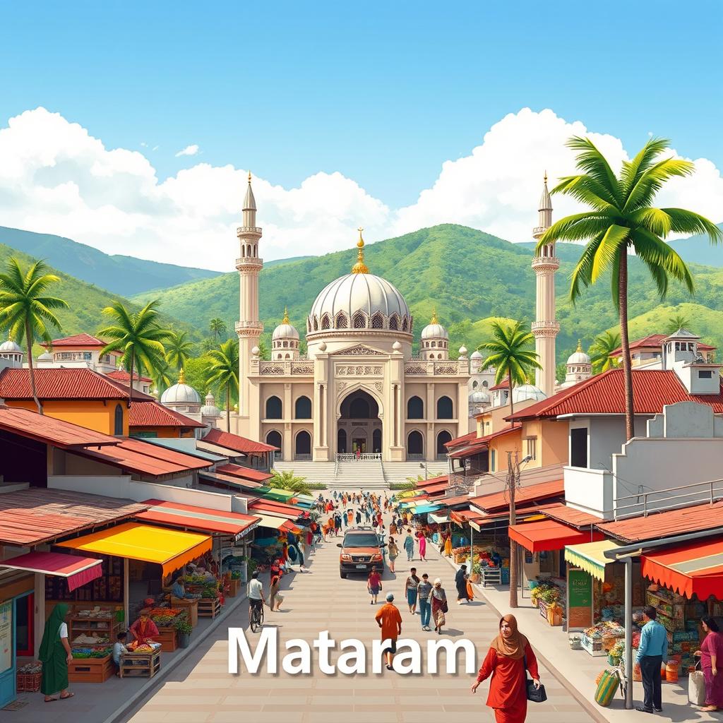 A beautiful illustration of Mataram City, showcasing its unique blend of traditional and modern architecture